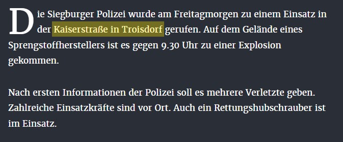 وفقًا لمعلومات من @gabonn، وقع انفجار هذا الصباح في شركة DynITEC في ترويسدورف، مما أدى إلى إصابة العديد من الأشخاص. تنتمي الشركة إلى شركة Diehl Defense وهي واحدة من أهم موردي المتفجرات لشركة Diehl Defense وRheinmetall وشركات أخرى