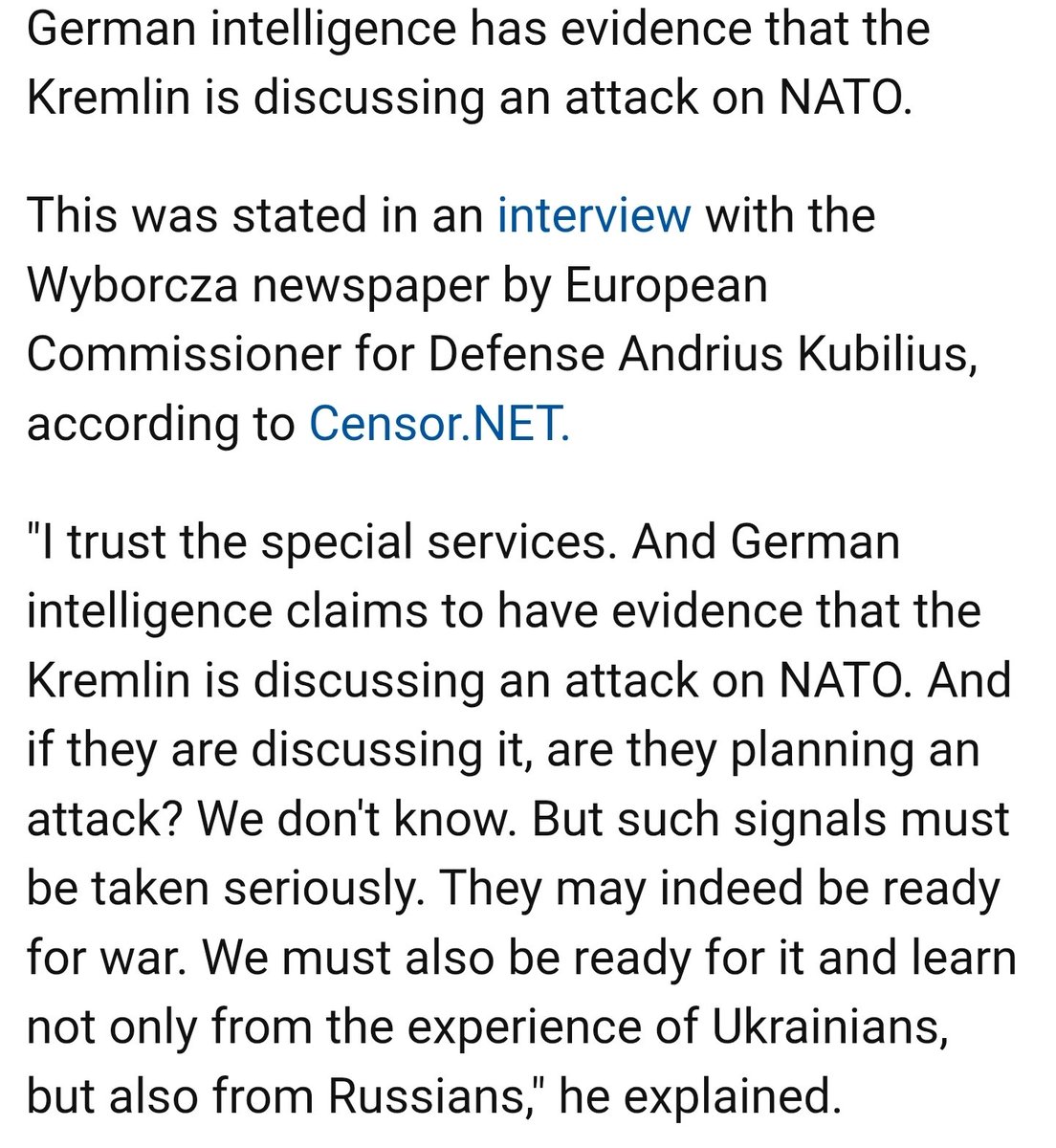 German intelligence has evidence that the Kremlin is discussing an attack on NATO - European Commissioner Kubilius