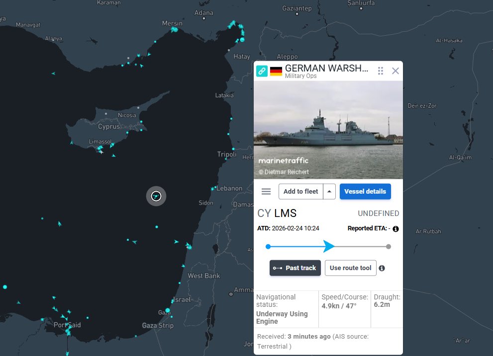 German Navy frigate Nordrhein-Westfalen (F223) has just appeared on AIS in the Eastern Mediterranean. The Baden-Württemberg-class (F125) frigate is currently operating off the coast of Lebanon/Cyprus, according to MarineTraffic data