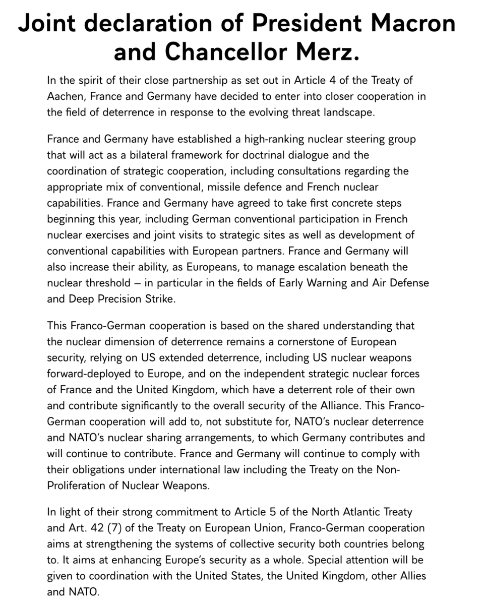 Joint declaration of President Macron and Chancellor Friedrich Merz on French-German cooperation